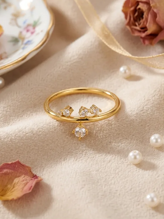 18k gold-plated three stone gold ring — elegant trilogy stone ring, anti-tarnish and waterproof for evening, bridal and festive wear.