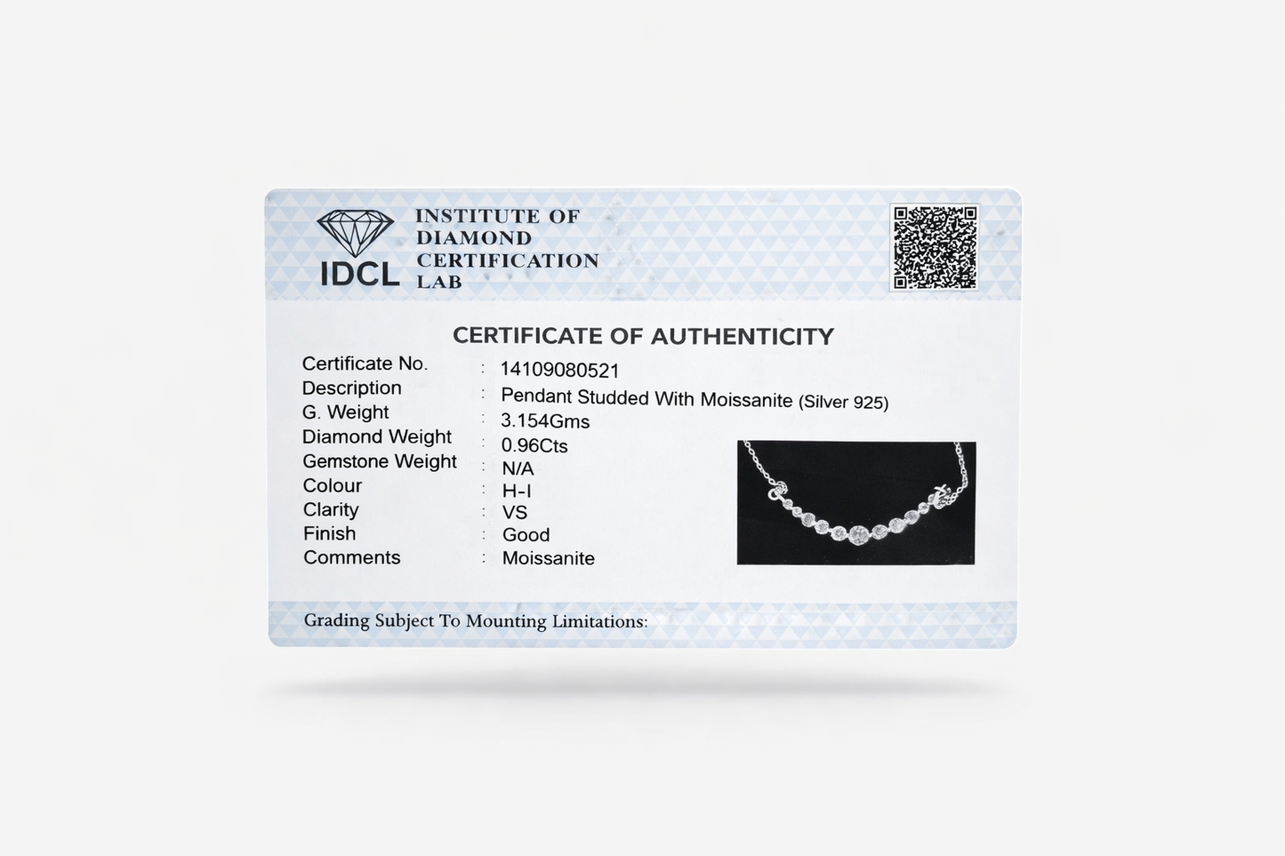 IDCL diamond certificate of authenticity on a white background