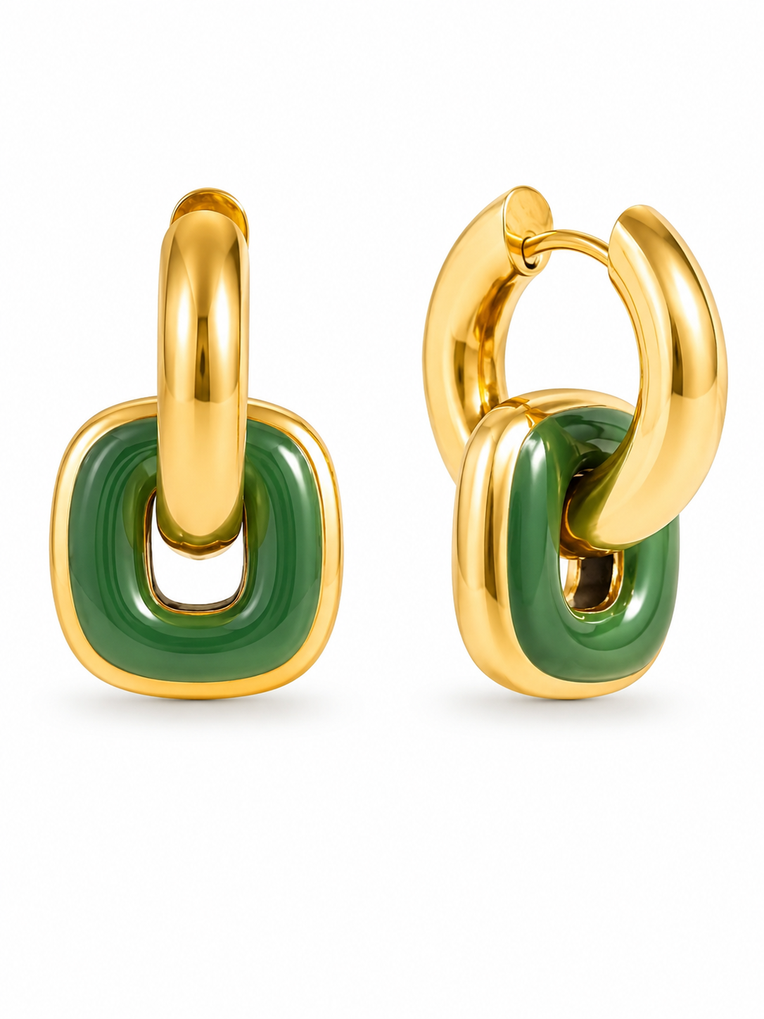 18k gold-plated square-cut green stone hoop earrings — emerald-toned anti-tarnish hoops for festive, ethnic and evening looks.