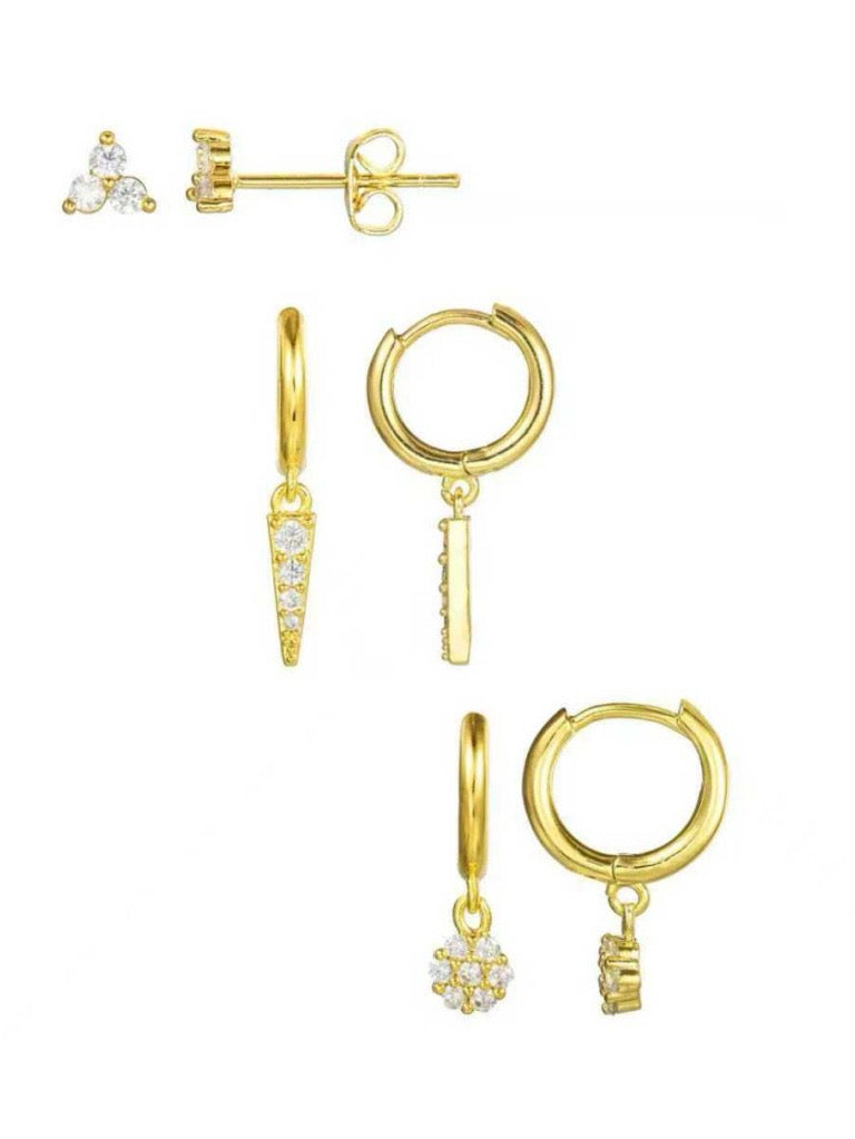 Close-up of pave piercing earrings — 18k gold-plated curated sparkling set for evening and gifting.