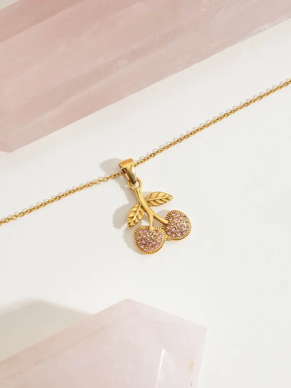 18k gold-plated cherry pink pendant necklace — playful cherry charm pink pendant, anti-tarnish and waterproof for everyday, casual and gifting.