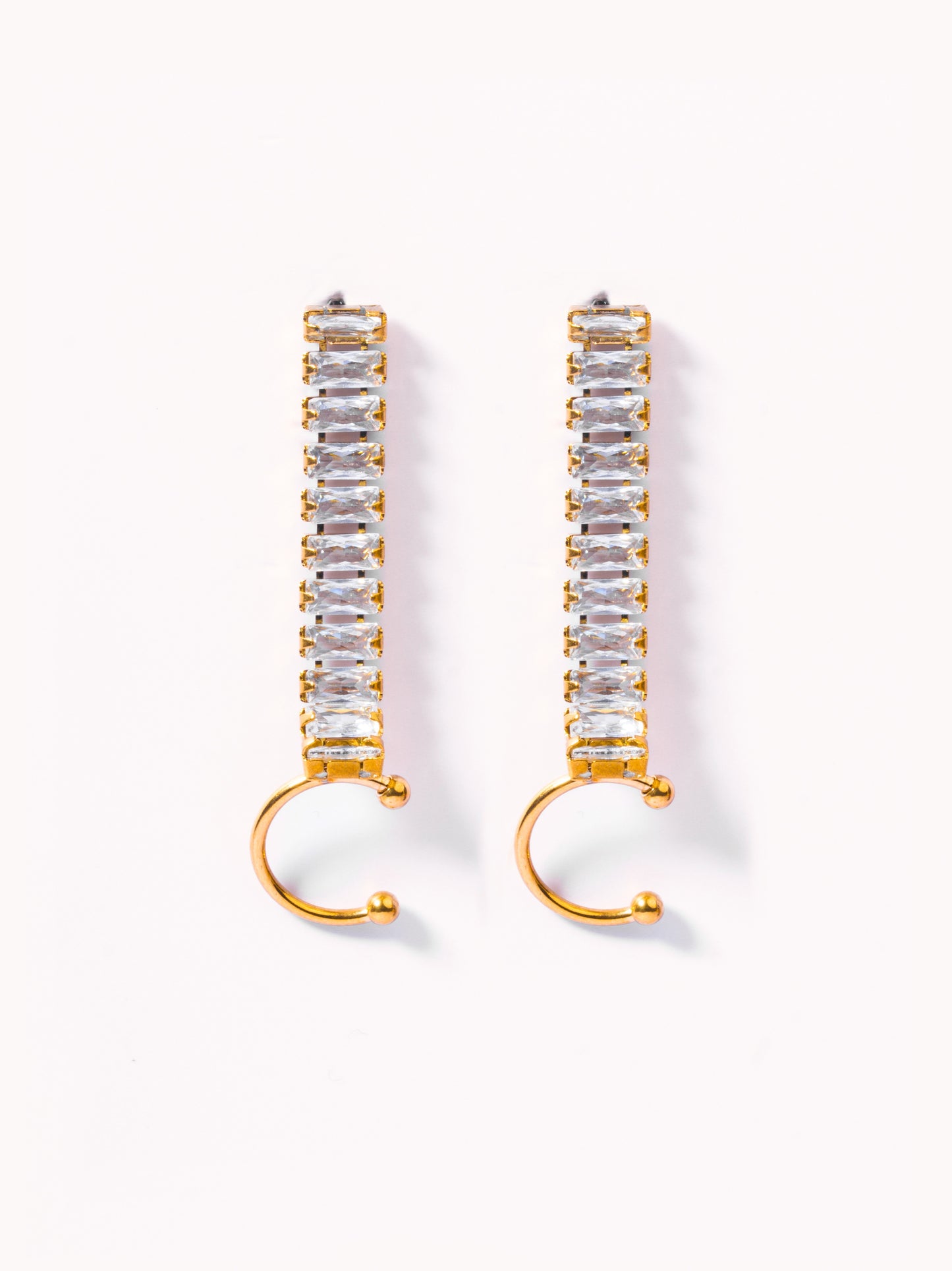 Pair of diamond cuff drop earrings — 18k gold-plated bold attached-cuff white-stone statement drops for evening and gifting.