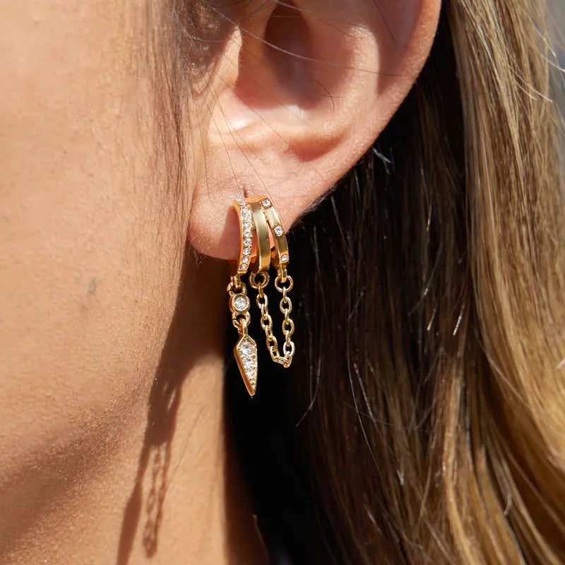 18k gold-plated dual stone drop earrings — elegant dual-stone drops, anti-tarnish and waterproof for evening, festive and party wear.
