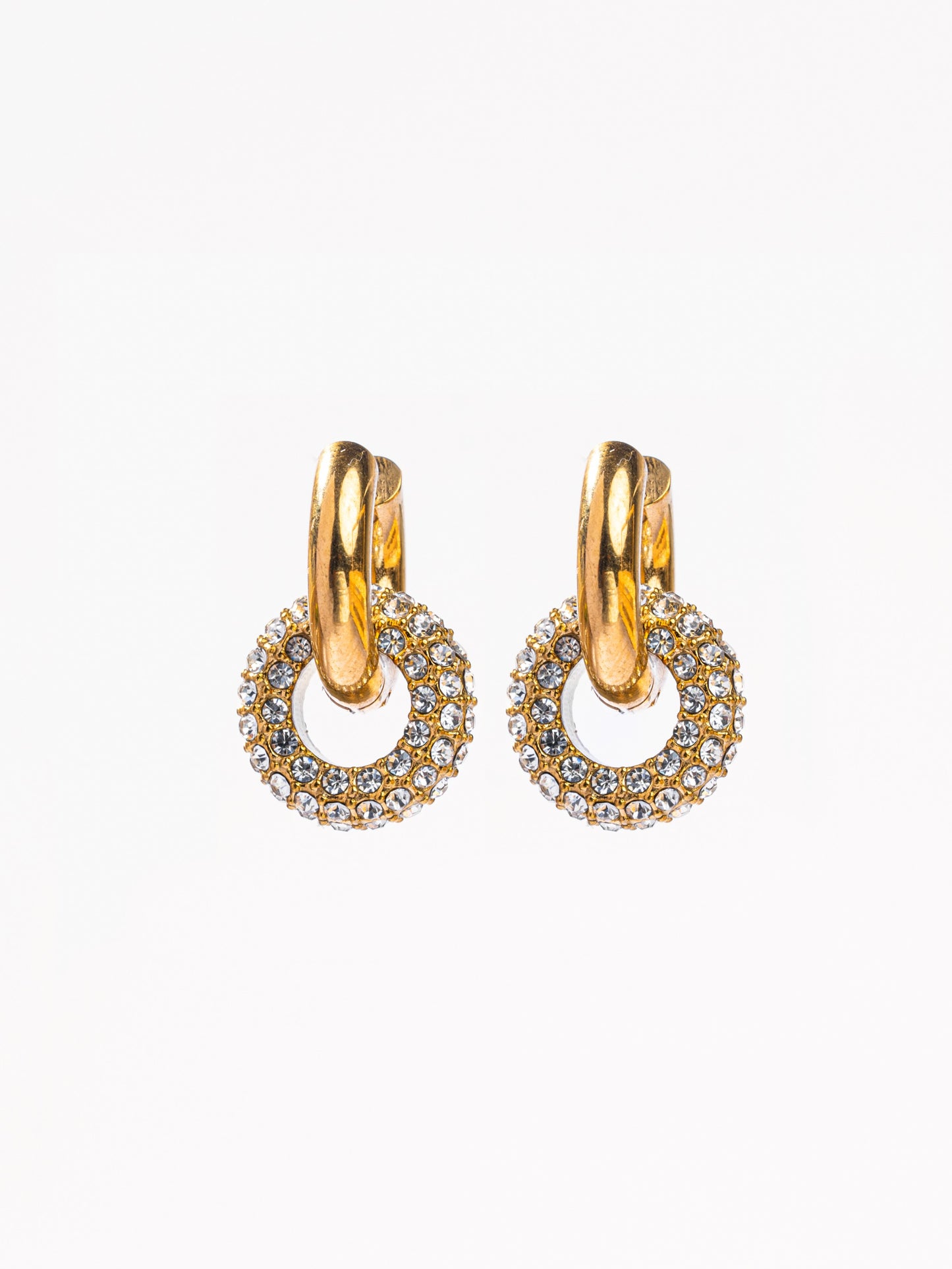 18k gold-plated huggie hoop earrings with detachable white stone sparkle charm — anti-tarnish, waterproof.