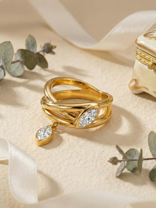 18k gold-plated stone drop ring — anti-tarnish, waterproof, hypoallergenic elegant statement ring for evening wear.