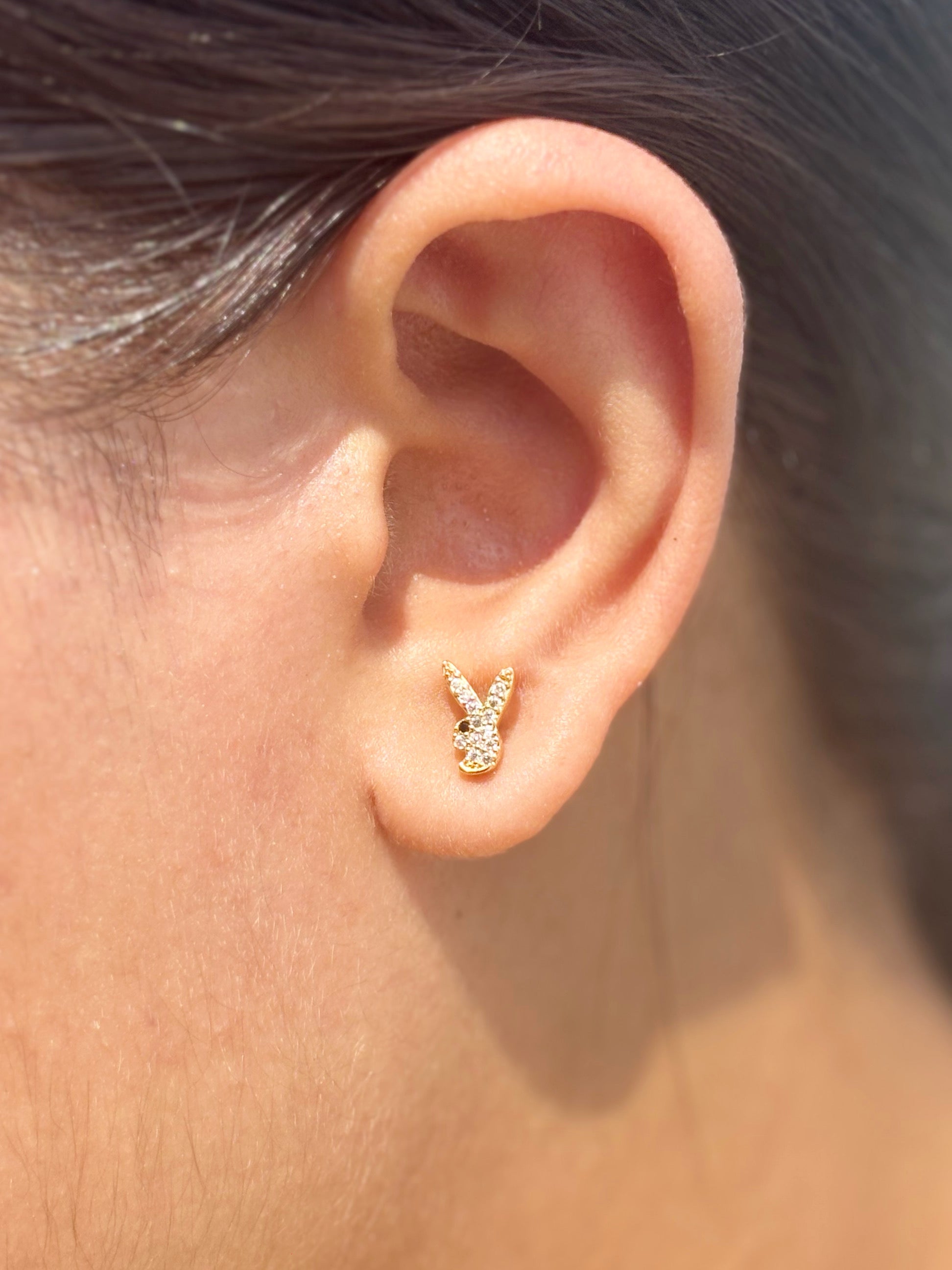 Detail shot of bunny ball-back stud earrings — 18k gold-plated playful bunny studs for everyday and gifting.