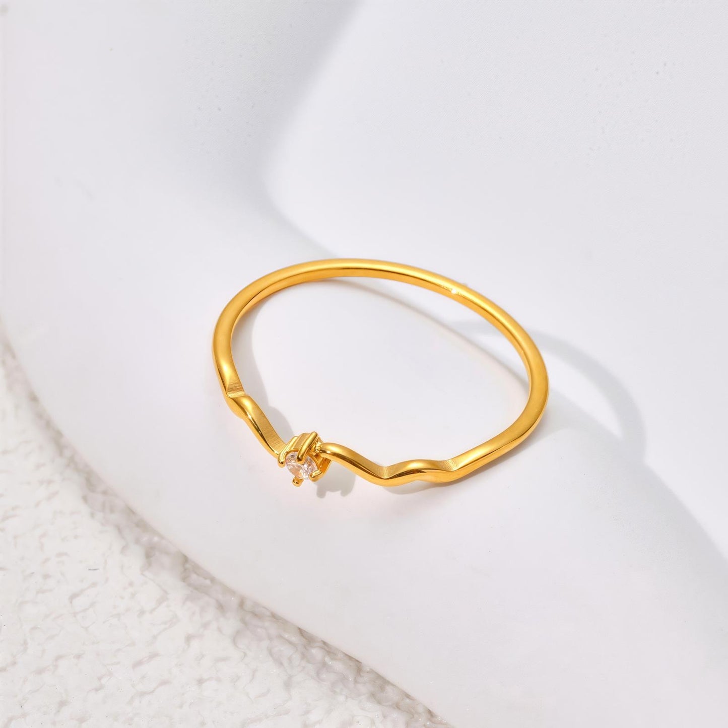 Close-up of staple stone ring — 18k gold-plated minimal ring for everyday and gifting.