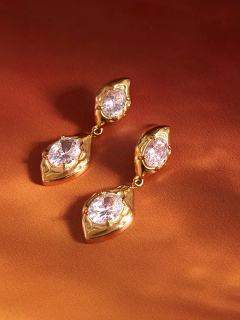 18k gold-plated stone drop earrings — statement stone-set drops, anti-tarnish and waterproof for festive and wedding looks.