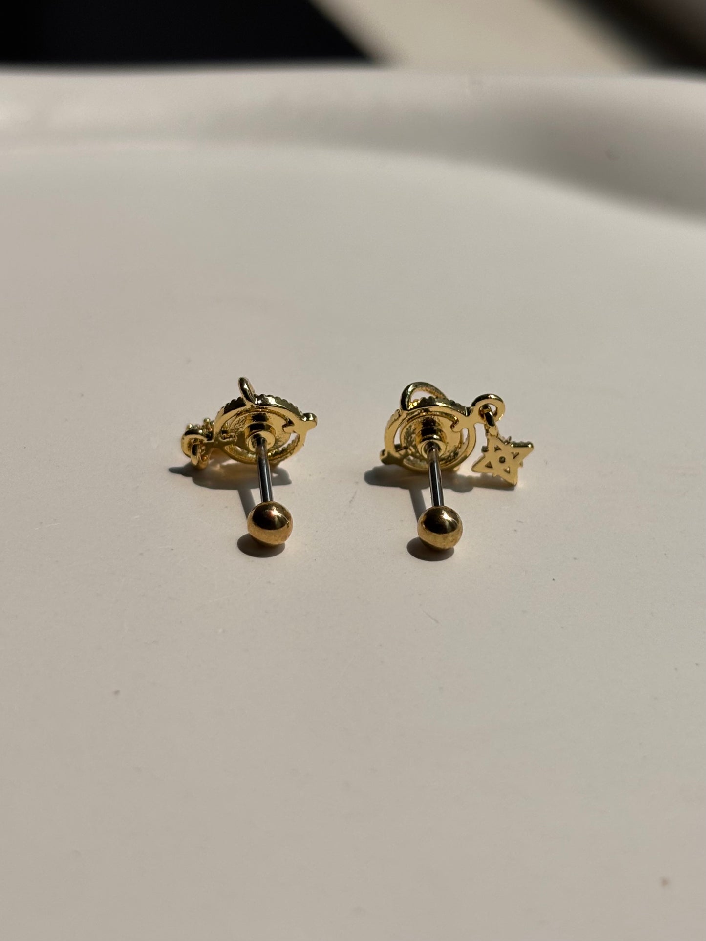 Close-up of 18k gold-plated Eterna ball-back studs — lightweight, sleep-friendly studs for daily wear.