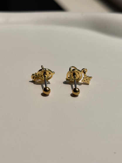 Close-up of 18k gold-plated Eterna ball-back studs — lightweight, sleep-friendly studs for daily wear.
