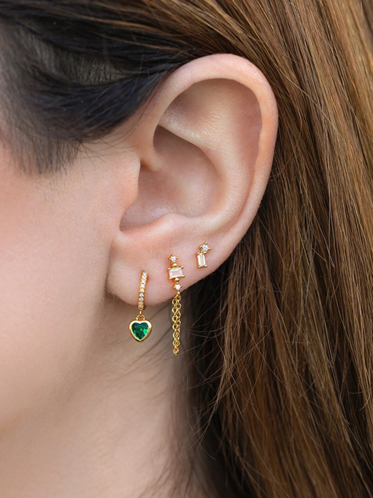 18k gold-plated green heart piercing earring set — curated set with green stone, anti-tarnish and waterproof for everyday and evening wear.