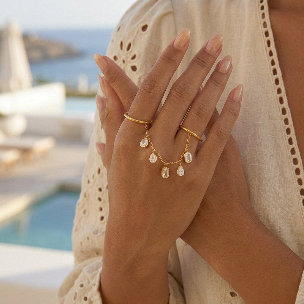 Close-up of double stone ring — 18k gold-plated ring with two stones for everyday wear and gifting.