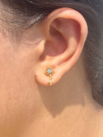 Detail shot of Eterna ball-back stud earrings — gold-plated minimal versatile studs for casual and gifting.