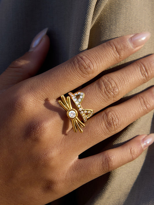 18k gold-plated dual bow drop earrings — sweet statement bow drops, anti-tarnish and waterproof for everyday and evening wear.