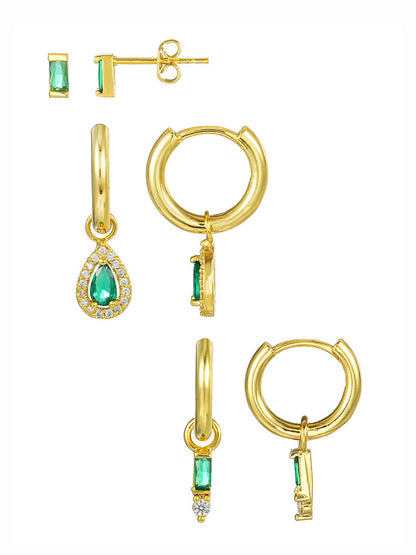 Styled view of emerald drop piercing set — 18k gold-plated curated earring set for evening and gifting.