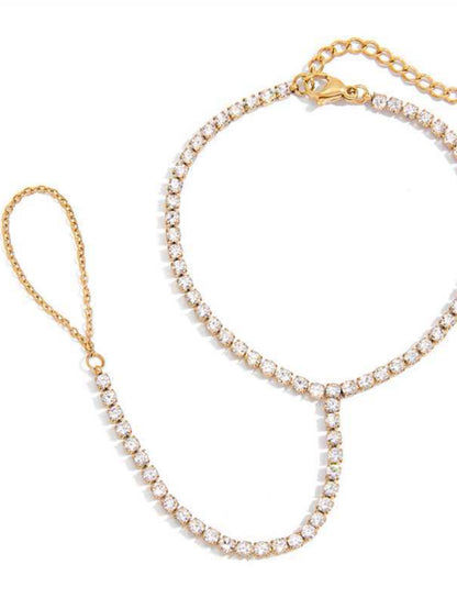 Styled view of tennis hand-chain — sleek 18k gold-plated bracelet for layered styling and gifting.