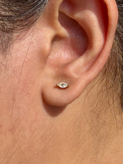 Close-up of bezel stone flat-back stud earrings — 18k gold-plated comfort studs, anti-tarnish and waterproof.
