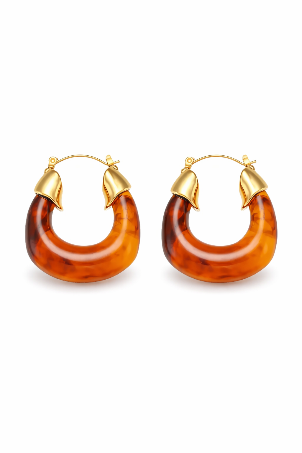 18k gold-plated brown amber resin hoop earrings — bold rich amber hoops, anti-tarnish and waterproof for everyday and evening wear.