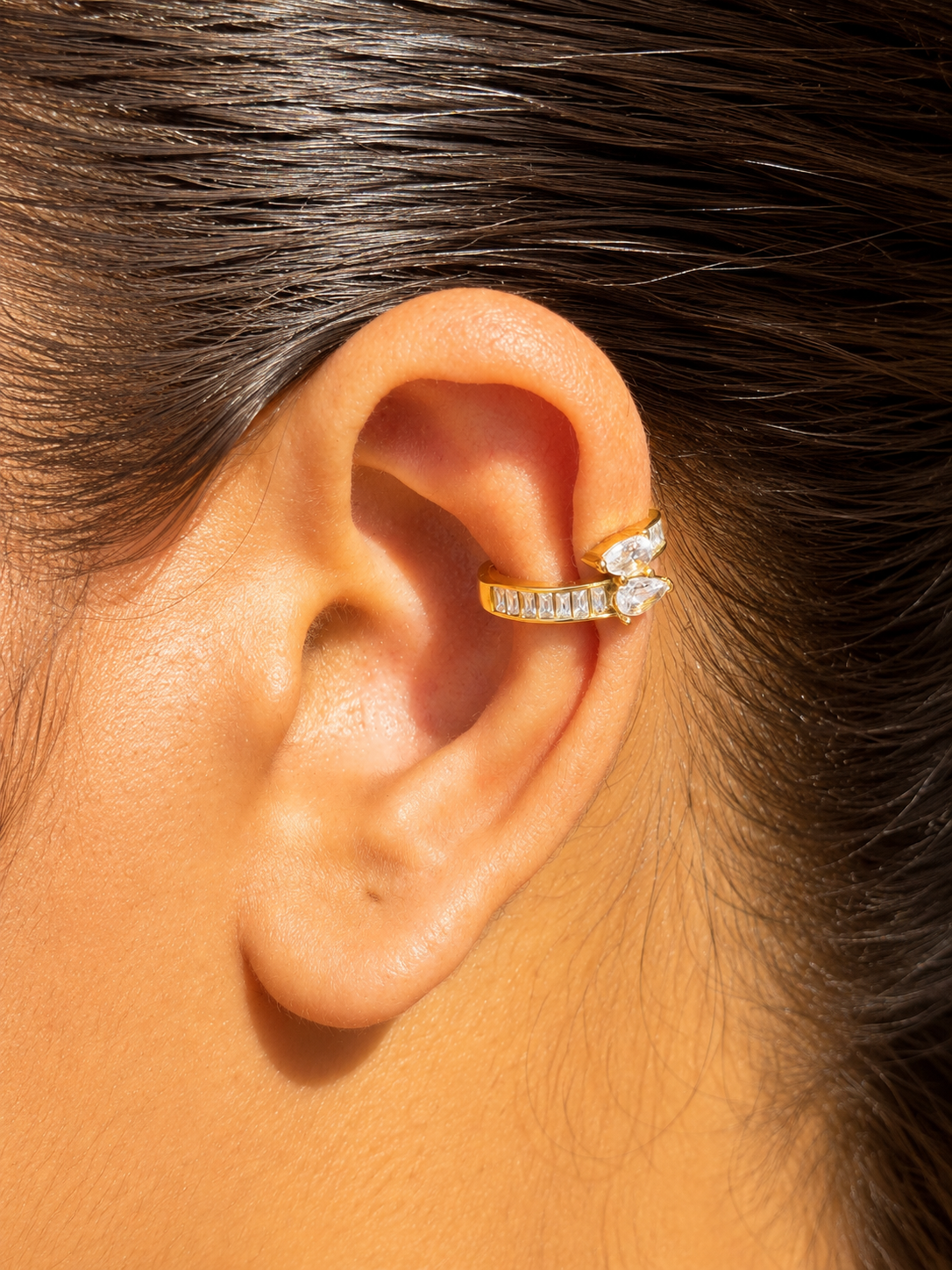 18k gold-plated Riya statement ear cuff — anti-tarnish, waterproof, hypoallergenic, lightweight no-piercing single-piece cuff.