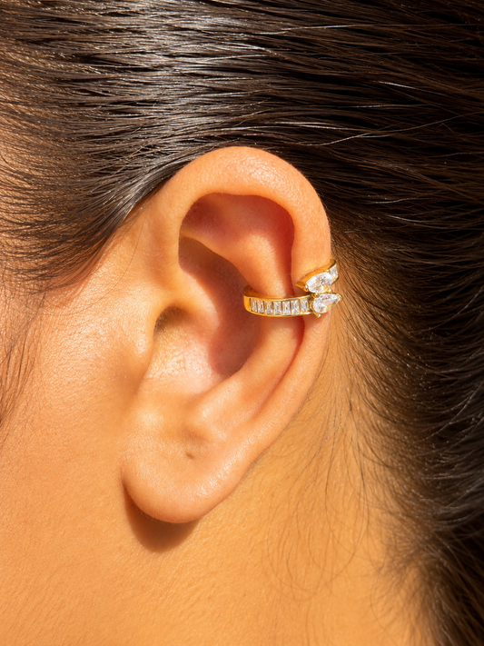 18k gold-plated Riya statement ear cuff — anti-tarnish, waterproof, hypoallergenic, lightweight no-piercing single-piece cuff.