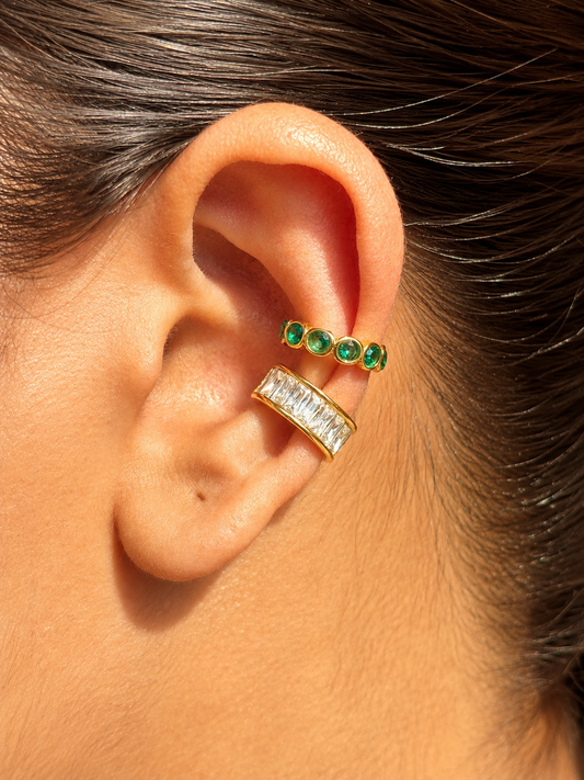 Close-up of Inara gold-plated ear cuff — sleek 18k gold-plated no-piercing single-piece cuff for daily wear.