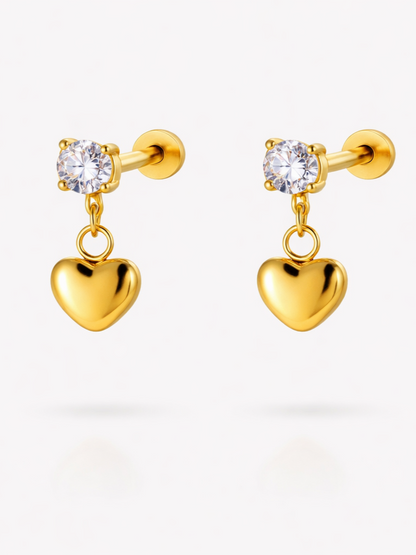 18k gold-plated heart drop flat-back stud earrings — minimal sleep-friendly hypoallergenic flat-back studs, anti-tarnish and waterproof.