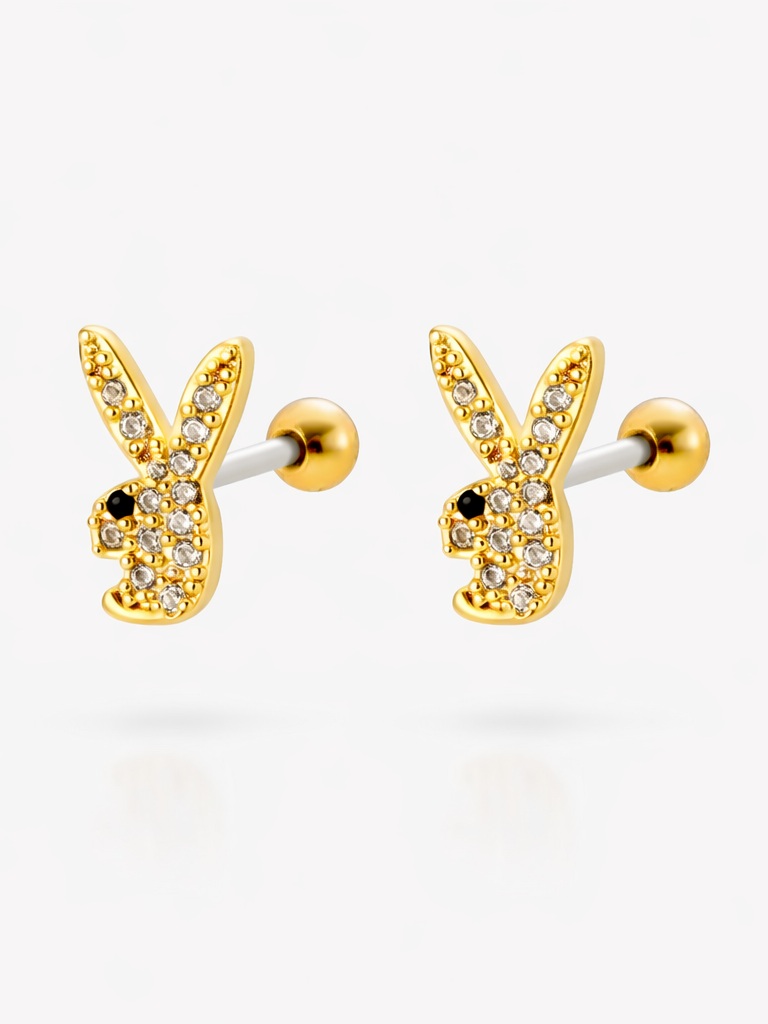 18k gold-plated bunny ball-back stud earrings — playful sleep-friendly hypoallergenic bunny studs, anti-tarnish and waterproof for everyday wear.