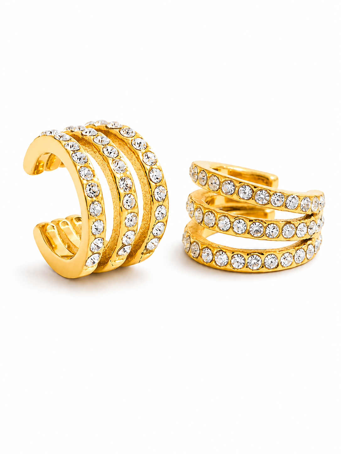 18k gold-plated Mira statement ear cuff — anti-tarnish, waterproof, hypoallergenic, lightweight no-piercing single-piece cuff.