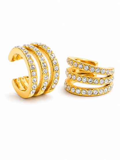 18k gold-plated Mira statement ear cuff — anti-tarnish, waterproof, hypoallergenic, lightweight no-piercing single-piece cuff.