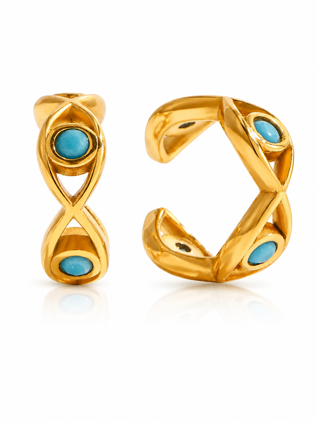 18k gold-plated Aria ear cuff — anti-tarnish, waterproof, hypoallergenic, lightweight no-piercing single-piece cuff.