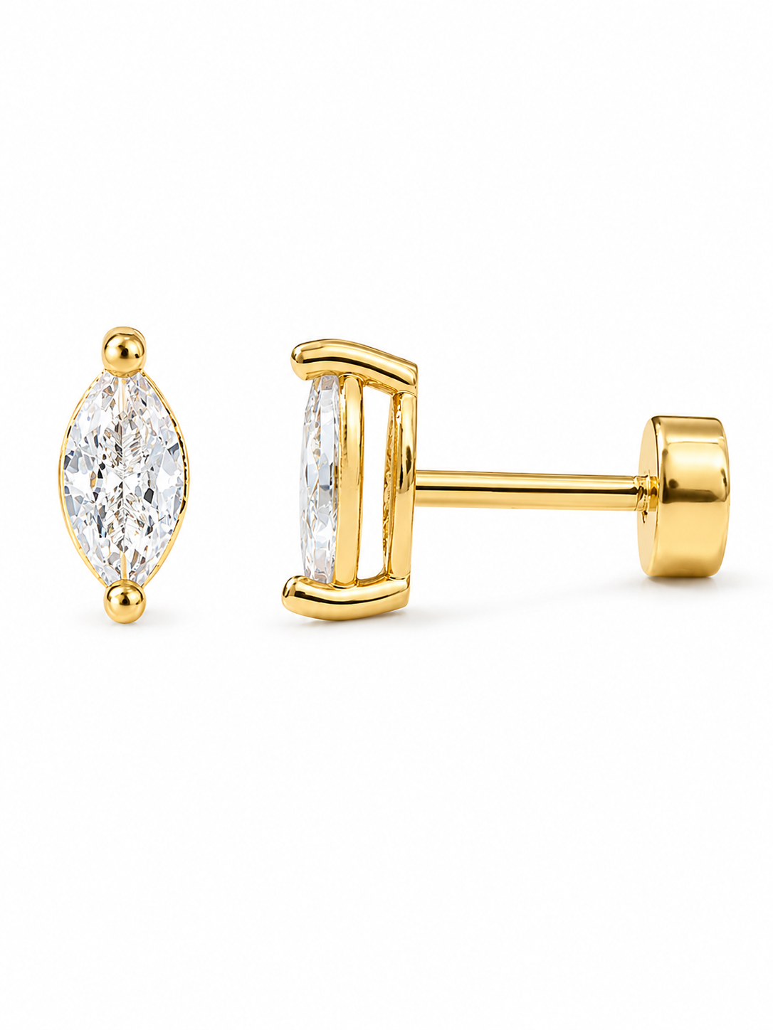 18k gold-plated bezel stone flat-back stud earrings — hypoallergenic, comfortable flat-back design for all-day and sleep-in wear.