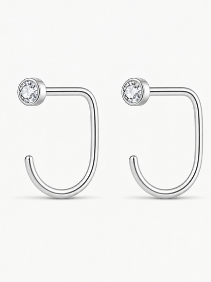 925 sterling silver bezel stone comfy hoop earrings — poke-free hypoallergenic hoops, anti-tarnish and waterproof. Sleep-safe for kids and gentle for sensitive ears.