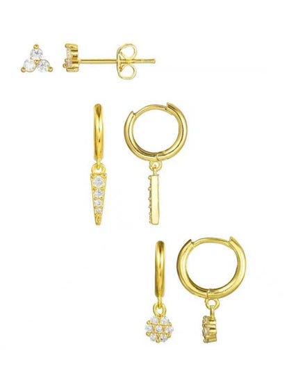 Close-up of pave piercing earrings — 18k gold-plated curated sparkling set for evening and gifting.