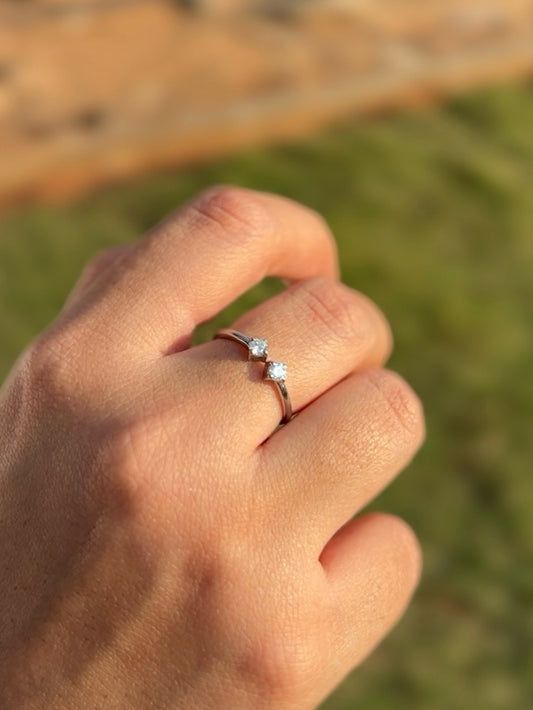 925 sterling silver adjustable open moissanite ring with twin round-cut stones — anti-tarnish, waterproof, resizable.