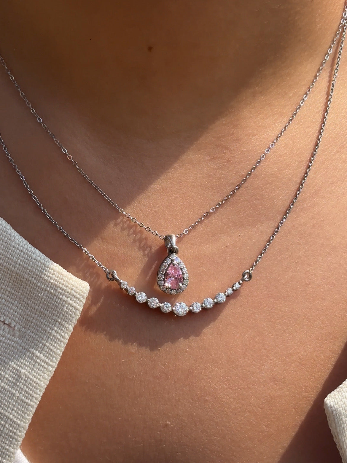 925 sterling silver Croma moissanite necklace — minimal sleek stone-bar pendant necklace, anti-tarnish and waterproof for everyday and evening wear.