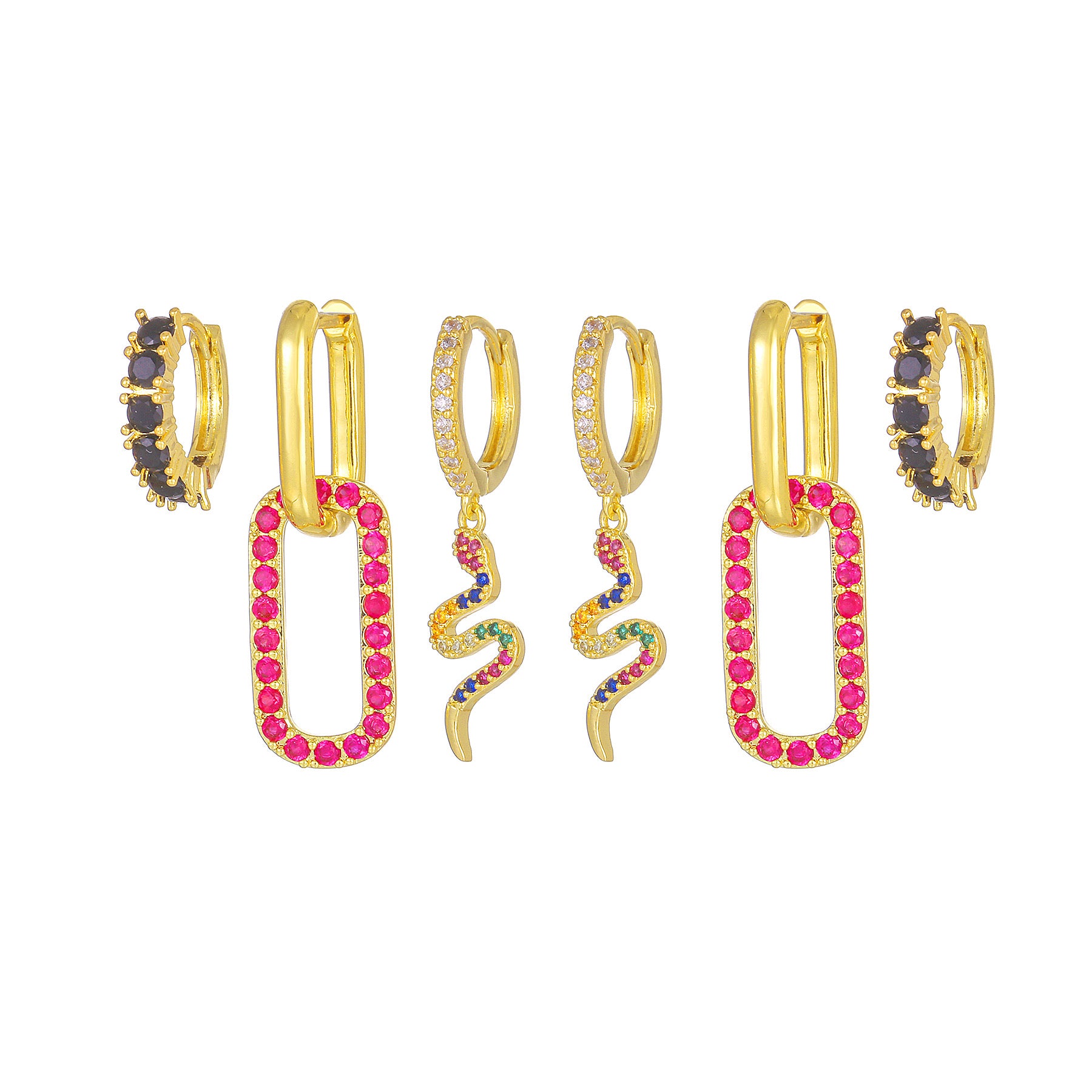 Hot pink piercing set styled view — 18k gold-plated curated earring set for layered ear stacks and statement looks.
