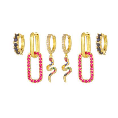Hot pink piercing set styled view — 18k gold-plated curated earring set for layered ear stacks and statement looks.