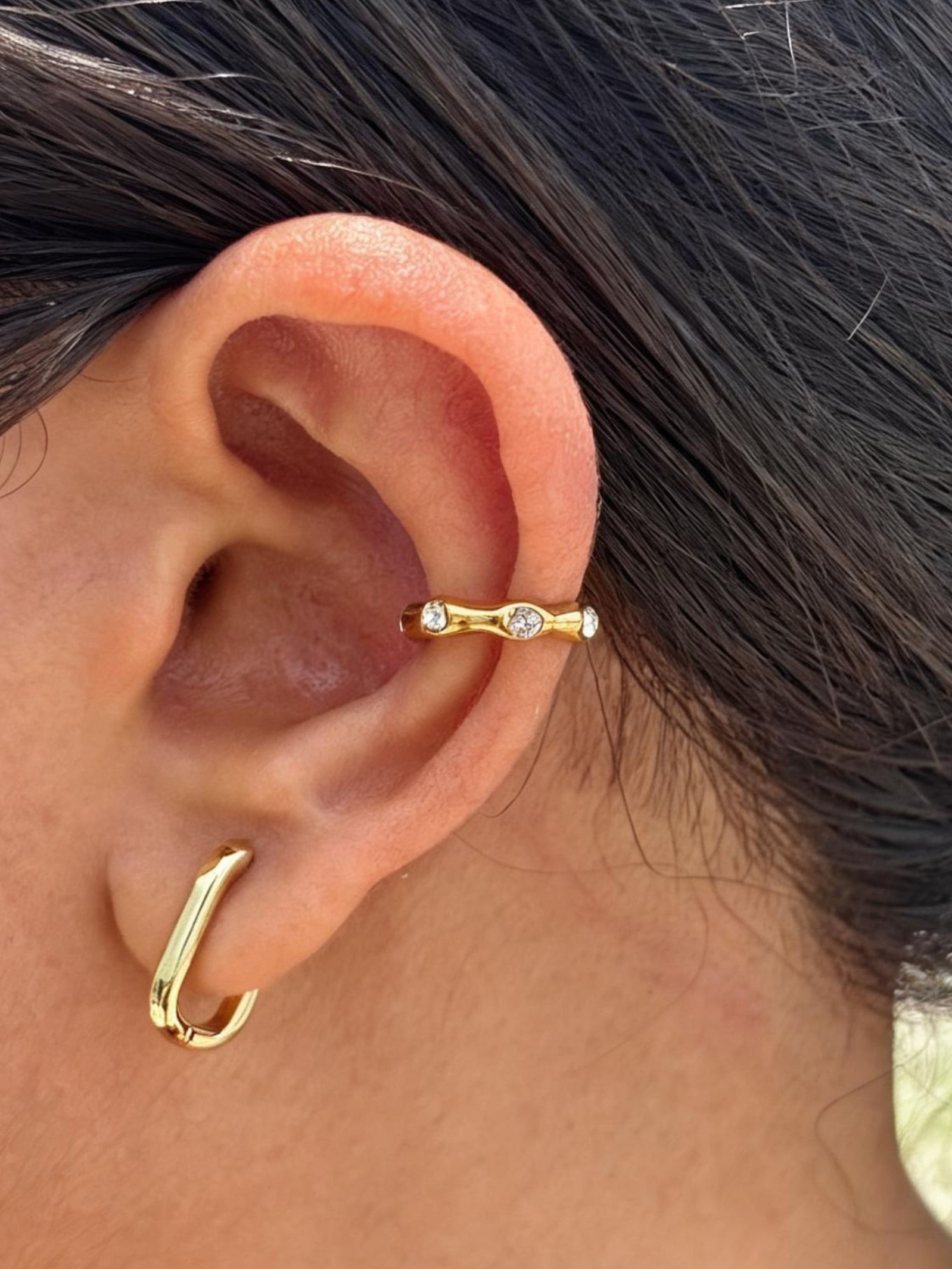 18k gold-plated Hazel ear cuff — anti-tarnish, waterproof, hypoallergenic no-piercing single-piece cuff for stacks.