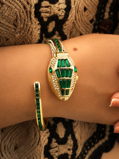 Emerald Stone Bracelet Watch — 18k Gold-Plated Wristwatch