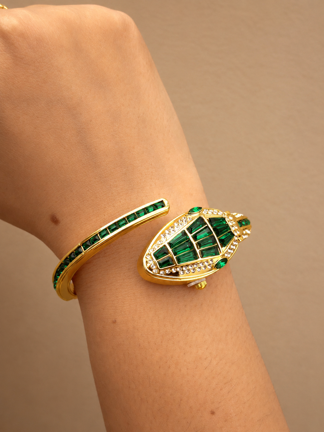 Emerald Stone Bracelet Watch — 18k Gold-Plated Wristwatch