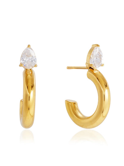 Close-up of Alia drop earrings — 18k gold-plated statement drops for ethnic and evening outfits.
