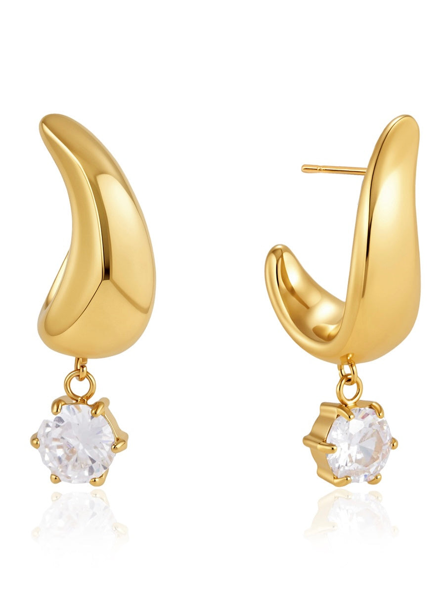 Close-up of Esha drop earrings — 18k gold-plated statement drops for ethnic and evening outfits.
