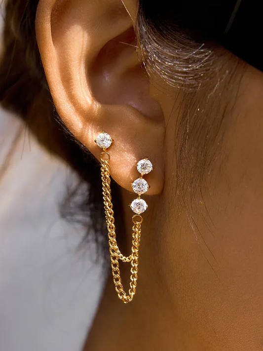 18k gold-plated double piercing earrings — connected two-hole modern earrings, anti-tarnish, hypoallergenic, waterproof for festive looks.