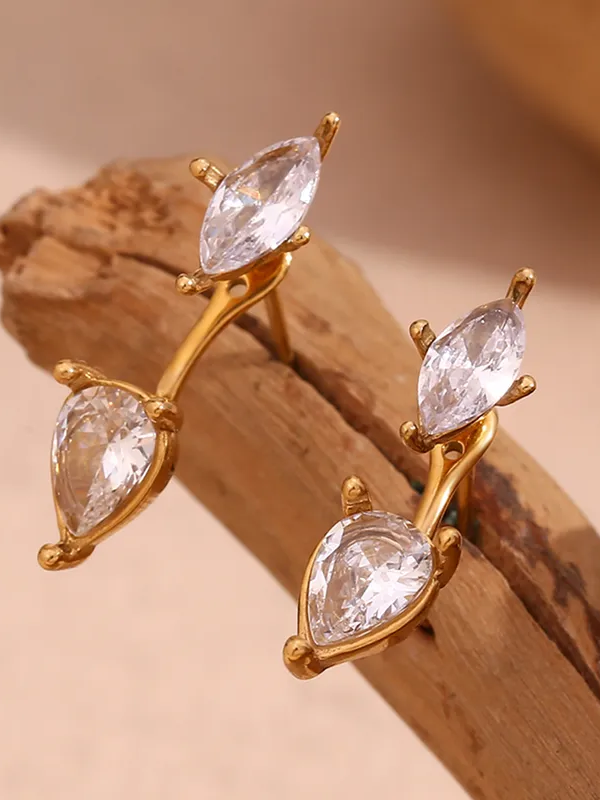 18k gold-plated pear stone drop earrings — elegant pear-cut stone drops, anti-tarnish and waterproof for evening, bridal and festive wear.